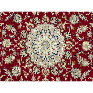8'x8' Barn Red, Densely Woven 250 KPSI, Soft Wool, Hand Knotted Nain Large Center Medallion Flower Design, Oriental Round Rug FWR542976