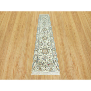 2'8"x12'1" Huntington White, Denser Weave Nain With Central Medallion Flower Design, Hand Knotted, 250 KPSI 100% Wool, Runner Oriental Rug FWR543024