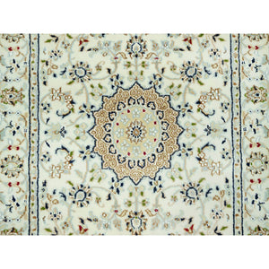 2'8"x12'1" Huntington White, Denser Weave Nain With Central Medallion Flower Design, Hand Knotted, 250 KPSI 100% Wool, Runner Oriental Rug FWR543024