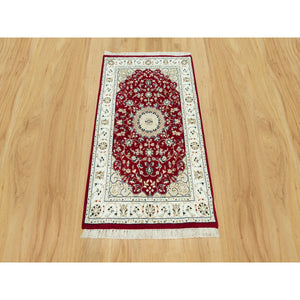 2'7"x4'1" Sun Dried Tomato Red, Extra Soft Wool Nain With Large Central Medallion Floral Design, 250 Kpsi Hand Knotted Oriental Rug FWR543090
