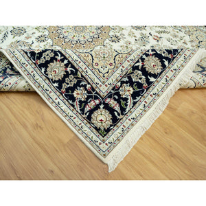 7'10"x10' Origami White, Hand Knotted, 250 Kpsi, Nain Organic Wool Center Medallion Flower Design, Denser Weave, Oriental Rug FWR543114