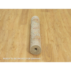 3'3"x5' Fawn Beige, The Sunset Rosettes with Soft Colors, Wool and Pure Silk, Hand Knotted, Oriental Rug FWR543126