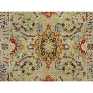 2'8"x6' Dandelion Beige, Hand Knotted, Soft to Touch, The Sunset Rosettes, Vibrant Colors, Wool and Pure Silk, Runner Oriental Rug FWR543144
