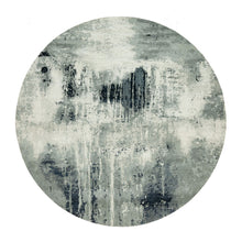 Load image into Gallery viewer, 12&#39;x12&#39; Obsidian Black with Delicate White, Hand Knotted, Soft to Touch Abstract Design, Wool and Silk, Round Oriental Rug FWR543150