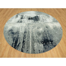 Load image into Gallery viewer, 12&#39;x12&#39; Obsidian Black with Delicate White, Hand Knotted, Soft to Touch Abstract Design, Wool and Silk, Round Oriental Rug FWR543150