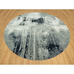 12'x12' Obsidian Black with Delicate White, Hand Knotted, Soft to Touch Abstract Design, Wool and Silk, Round Oriental Rug FWR543150
