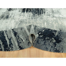 Load image into Gallery viewer, 12&#39;x12&#39; Obsidian Black with Delicate White, Hand Knotted, Soft to Touch Abstract Design, Wool and Silk, Round Oriental Rug FWR543150