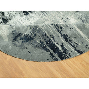 12'x12' Obsidian Black with Delicate White, Hand Knotted, Soft to Touch Abstract Design, Wool and Silk, Round Oriental Rug FWR543150