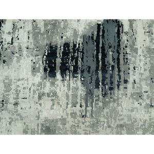 12'x12' Obsidian Black with Delicate White, Hand Knotted, Soft to Touch Abstract Design, Wool and Silk, Round Oriental Rug FWR543150