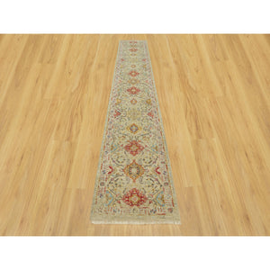 2'9"x15'10" Breezy Beige, Hand Knotted Soft Shiny Wool, The Sunset Rosettes, Vibrant Colors, Wool and Pure Silk, Runner Oriental Rug FWR543168
