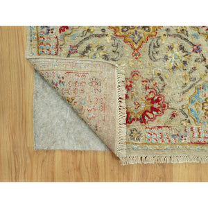 2'9"x15'10" Breezy Beige, Hand Knotted Soft Shiny Wool, The Sunset Rosettes, Vibrant Colors, Wool and Pure Silk, Runner Oriental Rug FWR543168