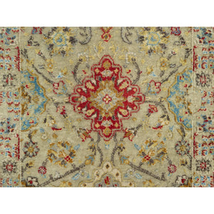 2'9"x15'10" Breezy Beige, Hand Knotted Soft Shiny Wool, The Sunset Rosettes, Vibrant Colors, Wool and Pure Silk, Runner Oriental Rug FWR543168
