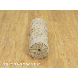 2'9"x15'10" Breezy Beige, Hand Knotted Soft Shiny Wool, The Sunset Rosettes, Vibrant Colors, Wool and Pure Silk, Runner Oriental Rug FWR543168