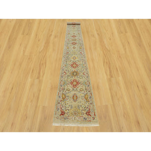 2'7"x19'10" Cape Honey Beige, Hand Knotted, Vibrant Colors with Soft to Touch, Wool and Pure Silk, The Sunset Rosettes, Runner Oriental Rug FWR543198