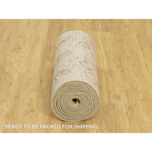 2'7"x19'10" Cape Honey Beige, Hand Knotted, Vibrant Colors with Soft to Touch, Wool and Pure Silk, The Sunset Rosettes, Runner Oriental Rug FWR543198