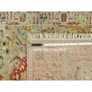 2'8"x6' Sand Dollar Beige, The Sunset Rosettes with Vibrant Colors, Hand Knotted, Soft to Touch, Wool and Pure Silk, Runner Oriental Rug FWR543204