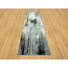 Load image into Gallery viewer, 4&#39;x10&#39; Shadow Black With Parchment White, Hand Knotted, Soft To Touch Abstract Design, Wool And Silk, Wide Runner Oriental Rug FWR543282