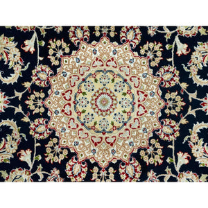 7'x7' Broncos Blue With Dove White, Nain Central Medallion Flower Design, 250 Kpsi, Soft Wool, Hand Knotted, Oriental Square Rug FWR543558