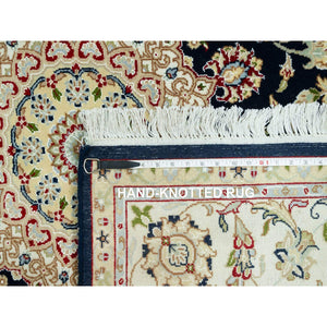 7'x7' Broncos Blue With Dove White, Nain Central Medallion Flower Design, 250 Kpsi, Soft Wool, Hand Knotted, Oriental Square Rug FWR543558
