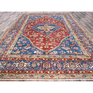 9'x11'8" Ajax Red, Peshawar Heriz with Antique Serapi Design, Shiny High Mountain Wool, Hand Knotted, Vegetable Dyes, Densely Woven, Soft Pile, Oriental Rug FWR5430