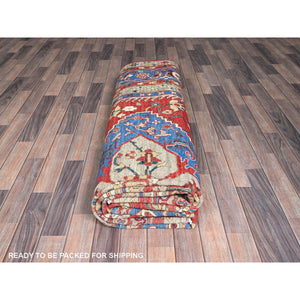 9'x11'8" Ajax Red, Peshawar Heriz with Antique Serapi Design, Shiny High Mountain Wool, Hand Knotted, Vegetable Dyes, Densely Woven, Soft Pile, Oriental Rug FWR5430