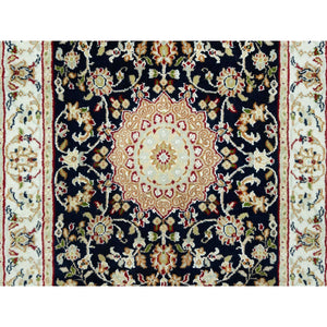2'9"x12' Polo Blue, 250 Kpsi Denser Weave, Nain Vibrant Wool Large Central Medallion Floral Design, Hand Knotted Oriental Runner Rug FWR543666