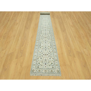 2'9"x20' Cloud Nine White, Nain With Floral Repetitive Design, All Wool 250 KPSI, Hand Knotted XL Runner Oriental Rug FWR543678
