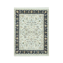 Load image into Gallery viewer, 5&#39;x7&#39; Cloud White, Blue Border, 250 KPSI Hand Knotted Nain All Over Floral Motifs, Densely Woven Extra Soft Wool, Oriental Rug FWR543690