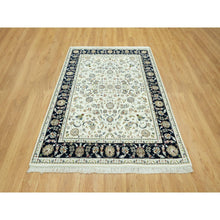 Load image into Gallery viewer, 5&#39;x7&#39; Cloud White, Blue Border, 250 KPSI Hand Knotted Nain All Over Floral Motifs, Densely Woven Extra Soft Wool, Oriental Rug FWR543690