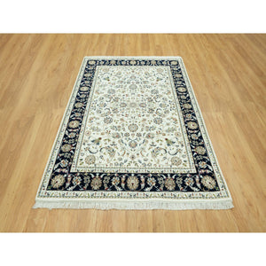 5'x7' Cloud White, Blue Border, 250 KPSI Hand Knotted Nain All Over Floral Motifs, Densely Woven Extra Soft Wool, Oriental Rug FWR543690