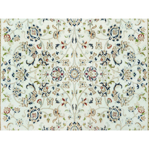 5'x7' Cloud White, Blue Border, 250 KPSI Hand Knotted Nain All Over Floral Motifs, Densely Woven Extra Soft Wool, Oriental Rug FWR543690