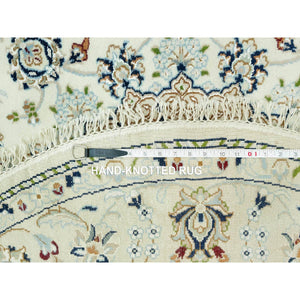 5'x5' Droplets White, Hand Knotted Nain With Center Medallion Floral Design, Denser Weave 250 Kpsi, Soft Wool, Round Oriental Rug FWR543702
