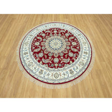 Load image into Gallery viewer, 7&#39;x7&#39; Portia Red, Hand Knotted Nain With Center Medallion Flower Design, Densely Woven 250 Kpsi, All Wool, Oriental Round Rug FWR543708