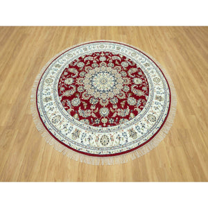 7'x7' Portia Red, Hand Knotted Nain with Center Medallion Flower Design, Densely Woven 250 KPSI, All Wool, Oriental Round Rug FWR543708