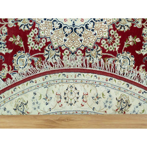 7'x7' Portia Red, Hand Knotted Nain with Center Medallion Flower Design, Densely Woven 250 KPSI, All Wool, Oriental Round Rug FWR543708