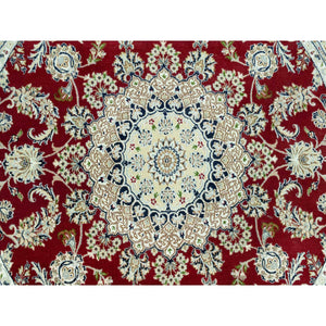 7'x7' Portia Red, Hand Knotted Nain with Center Medallion Flower Design, Densely Woven 250 KPSI, All Wool, Oriental Round Rug FWR543708