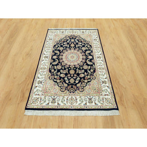 4'3"x6'3" Gale Force Blue, 250 KPSI, Nain Pure Wool Central Medallion Floral Design Denser Weave, Hand Knotted, Oriental Rug FWR543714