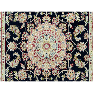 4'3"x6'3" Gale Force Blue, 250 KPSI, Nain Pure Wool Central Medallion Floral Design Denser Weave, Hand Knotted, Oriental Rug FWR543714