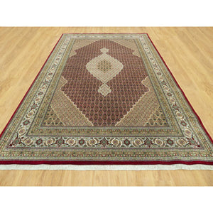 10'x14'3" Crabby Apple Red, Shiny Wool, Tabriz With Hand Knotted Center Fish Motif, Densely Woven All Over Mahi Design, Oriental Rug FWR543738