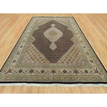 Load image into Gallery viewer, 9&#39;8&quot;x14&#39;2&quot; Smoky Black With Swan Wing White, Tabriz Mahi With Fish Medallion Design, Densely Woven 100% Wool, Hand Knotted, Oriental Rug FWR543744