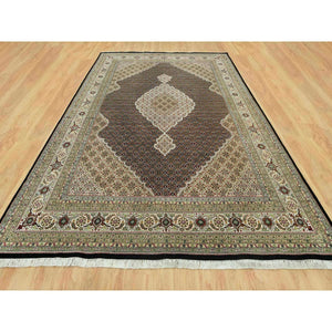 9'8"x14'2" Smoky Black With Swan Wing White, Tabriz Mahi With Fish Medallion Design, Densely Woven 100% Wool, Hand Knotted, Oriental Rug FWR543744