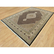 Load image into Gallery viewer, 9&#39;8&quot;x14&#39;2&quot; Smoky Black With Swan Wing White, Tabriz Mahi With Fish Medallion Design, Densely Woven 100% Wool, Hand Knotted, Oriental Rug FWR543744