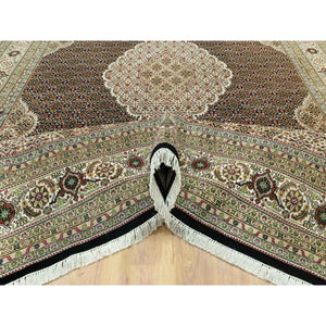 9'8"x14'2" Smoky Black With Swan Wing White, Tabriz Mahi With Fish Medallion Design, Densely Woven 100% Wool, Hand Knotted, Oriental Rug FWR543744