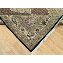 Load image into Gallery viewer, 9&#39;8&quot;x14&#39;2&quot; Smoky Black With Swan Wing White, Tabriz Mahi With Fish Medallion Design, Densely Woven 100% Wool, Hand Knotted, Oriental Rug FWR543744