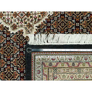 9'8"x14'2" Smoky Black With Swan Wing White, Tabriz Mahi With Fish Medallion Design, Densely Woven 100% Wool, Hand Knotted, Oriental Rug FWR543744