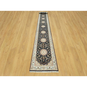 2'5"x20'1" College Navy Blue, Glacier White Border, Natural Wool Hand Knotted Central Medallion Flower Design Nain, 250 Kpsi, Oriental Xl Runner Rug FWR543762