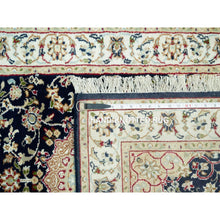 Load image into Gallery viewer, 2&#39;5&quot;x20&#39;1&quot; College Navy Blue, Glacier White Border, Natural Wool Hand Knotted Central Medallion Flower Design Nain, 250 Kpsi, Oriental Xl Runner Rug FWR543762
