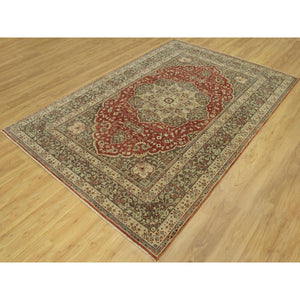 6'2"x9'1" Caliente Red With Sturdy Brown Border, Hand Knotted, Antiqued Tabriz 100% Wool Haji Jalili Design, Vegetable Dyes Soft Pile, Denser Weave, Oriental Rug FWR543780