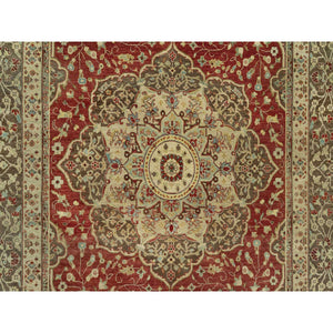 6'2"x9'1" Caliente Red With Sturdy Brown Border, Hand Knotted, Antiqued Tabriz 100% Wool Haji Jalili Design, Vegetable Dyes Soft Pile, Denser Weave, Oriental Rug FWR543780