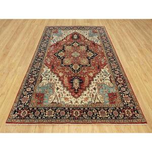 6'x9'1" Tanager Red With Club Navy Blue, Antiqued Fine Heriz, Re-creation, Hand Knotted All Wool Plush Pile, Densely Woven, Vegetable Dyes, Oriental Rug FWR543858